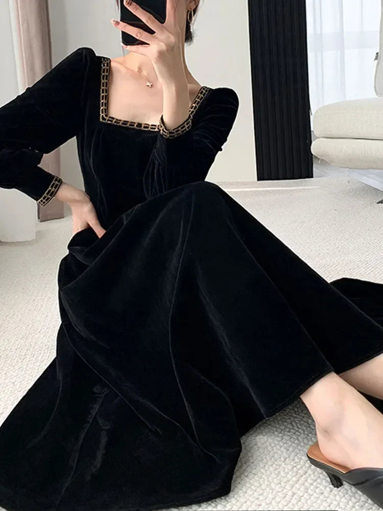 vmtvr New French Vintage Elegant Dresses for Women Long Sleeve Streetwear Office Lady Solid Square Collar New Autumn Winte Dress