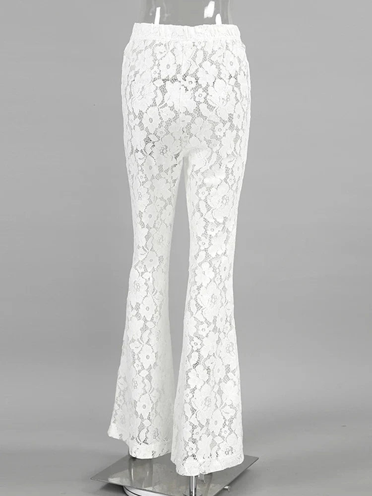 vmtvr 2024 Summer Women Sexy Lace Flare Pants Beach Solid White High Waist Sheer Trousers Female