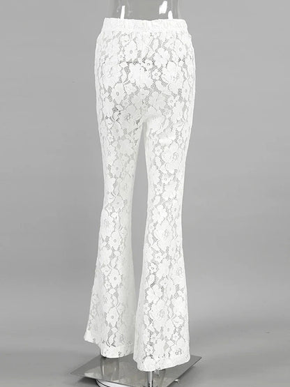 vmtvr 2024 Summer Women Sexy Lace Flare Pants Beach Solid White High Waist Sheer Trousers Female