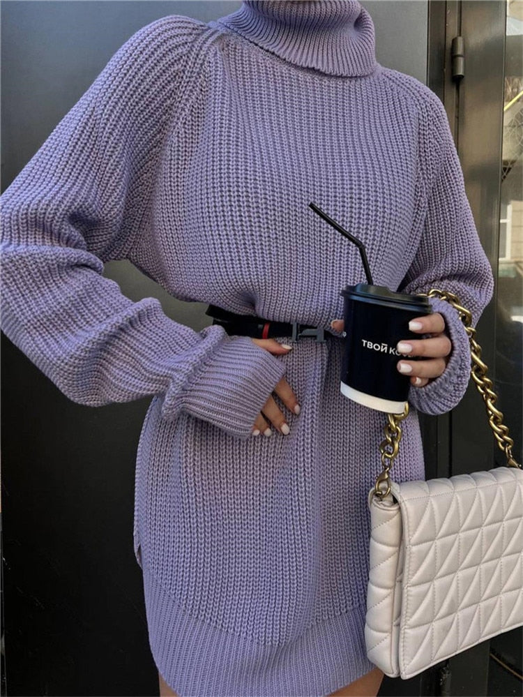 Sweater Dress Outfit Oversize Sweater Dress for Women Long Sleeve Casual Turtleneck Knitted Dress Autumn Blue Thicken Mini Christmas Party Dress