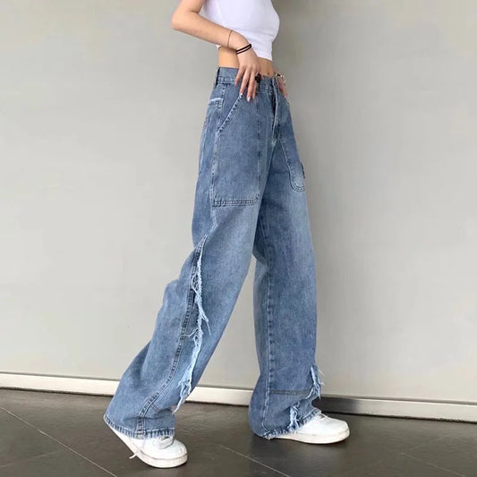 vmtvr Vintage Women Tassel Jeans Oversize 5Xl Korean All Match Streetwear Loose Denim Trousers Summer Casual Female Y2K Wide Leg Pants