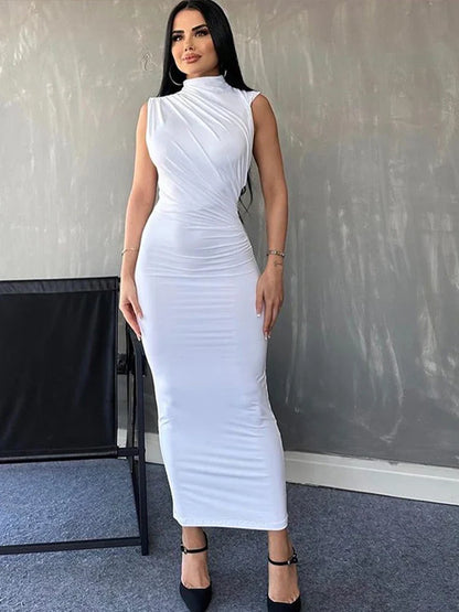 vmtvr  -  Pleated Sleeveless Long Dresses Women Elegant Solid Bodycon Turtleneck  Hip Package White Dress Summer Evening Party Robe