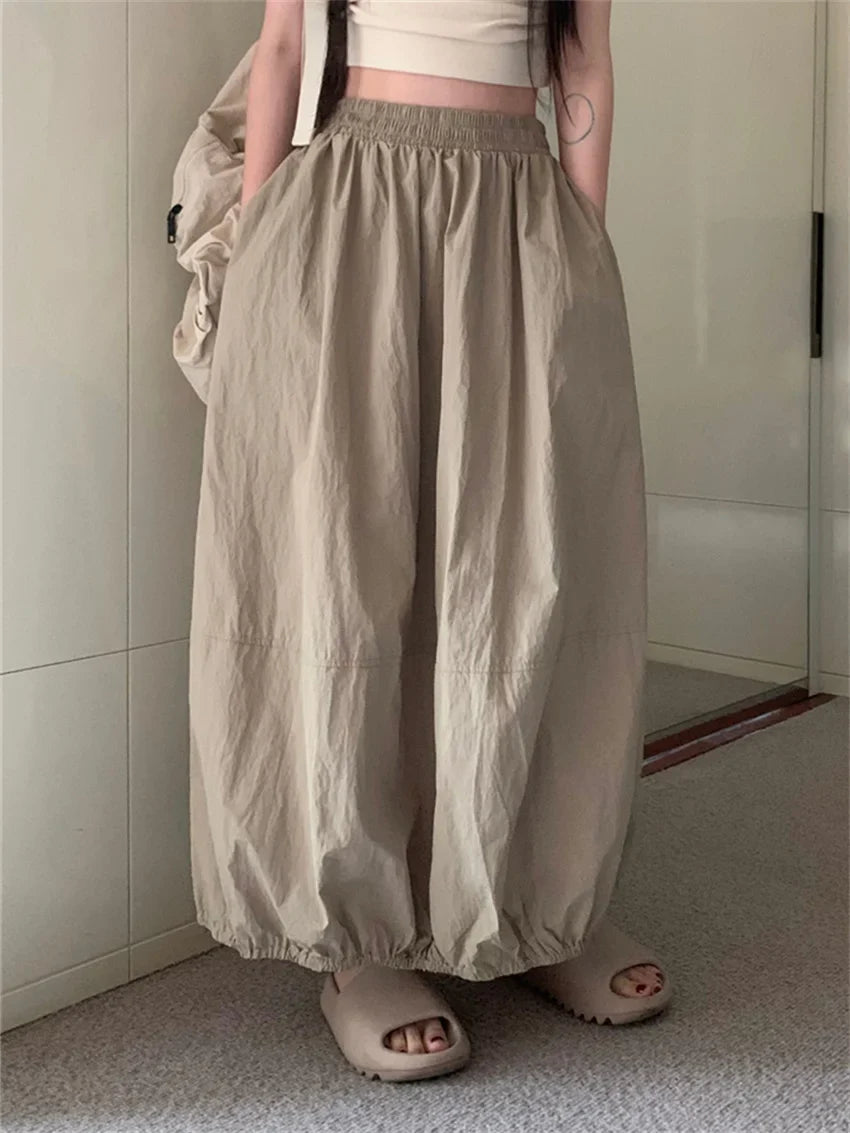 vmtvr New Design Solid Long Skirts Women Drawstring OL Pockets Stylish Summer High Street Vintage Loose Minimalist