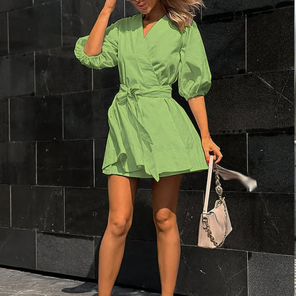 vmtvr 2024 Spring Sexy V-neck Lace-up A-Line Dress Women Casual Puff 3/4 Sleeve Solid Mini Dress Summer Elegant Pleated Party Dresses