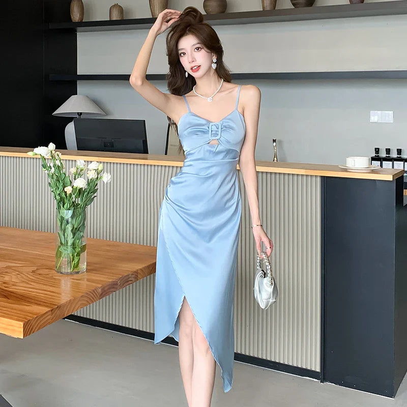 vmtvr  -  Elegant Spaghetti Strap Satin Midi Dresses for Women Summer New Sexy Sleeveless Bodycon Beach Vacation Party Female Clothes