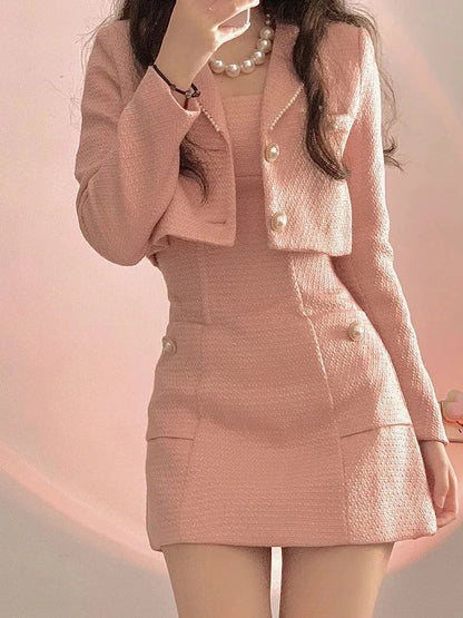 vmtvr -Autumn Pink Elegant Two Piece Set Women Korean Style Balzer Coat+Strap Mini Dress Set Female Solid Casual Slim Designer Set 2024