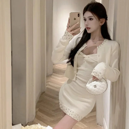 vmtvr Winter Elegant Knitted Suit Women Designer Beading Knitted Cardigan + Mini Sweater Dress Two Piece Set Female Luxury Outfit