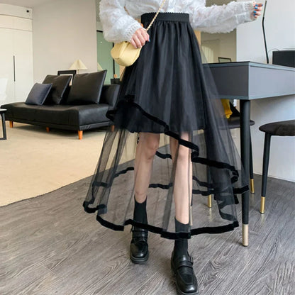 vmtvr Y2K Women Mesh Skirt Korean Irregular Patchwork A Line Midi Skirt Gothic Female Summer All Match Ball Gown Skirts New