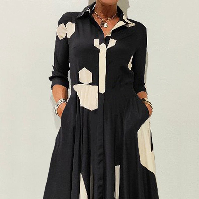 Women Maxi Dress Casual Long Sleeve Geometric Print Lapel Nipped Waist With Pockets Elegant Party Dresses