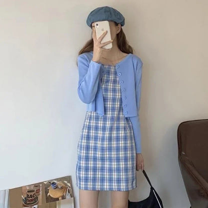 Summer New Matching Sets Sweet Slim Plaid Slip + Solid color long sleeve Cardigan Prairie Chic A-line Two-piece Dress Suits