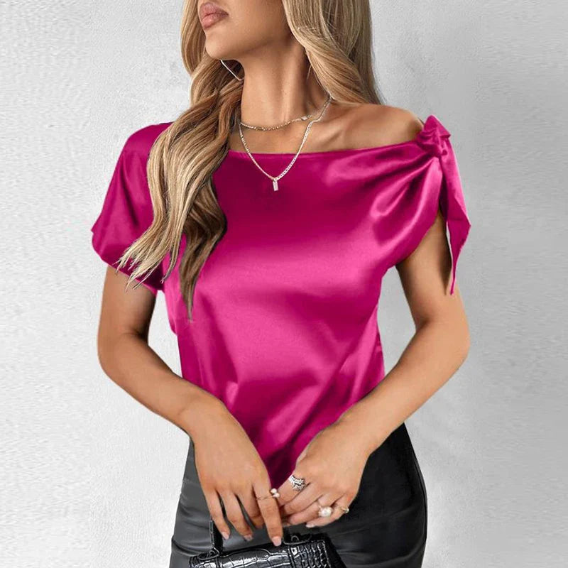 vmtvr Chic Fashion Solid Color Satin Party Blouses Women Sexy Slash Neck Lace-up Shirts Spring Summer Short Sleeve Hollow Top Pullover