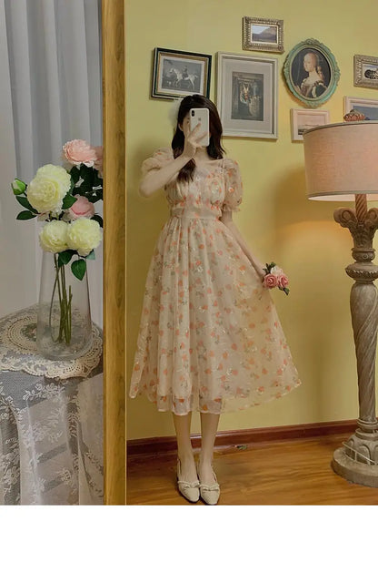 vmtvr Sweet Elegant Floral Fairy Dress Women Casual Vintage Chic Party Dress Evening Princess Dress Female Summer Fashion Korean