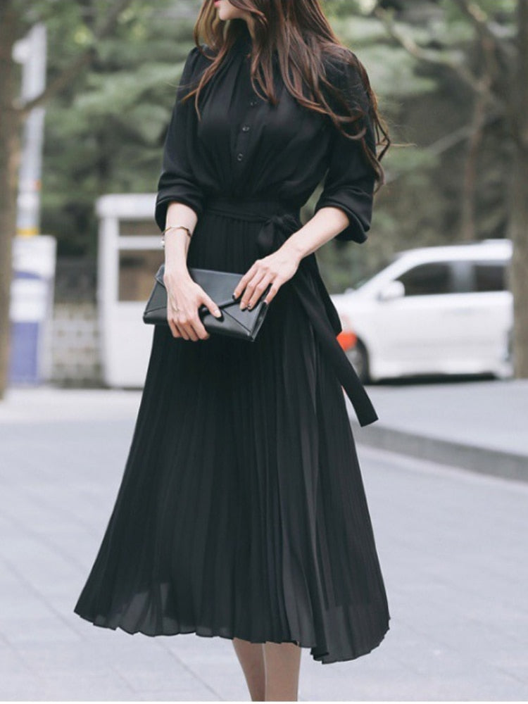 vmtvr Elegant Chiffon Long Sleeve Shirt Dress Women Belt Lace Up A-line Pleated Maxi Dress Korean Fashion Fall Clothes Streetwear