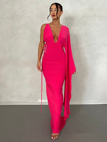 Rose Red Backless Maxi Dress Women Sexy Ruched Evening Party Dresses Fashion Elegant One Shoulder  Slim Long Summer Dress