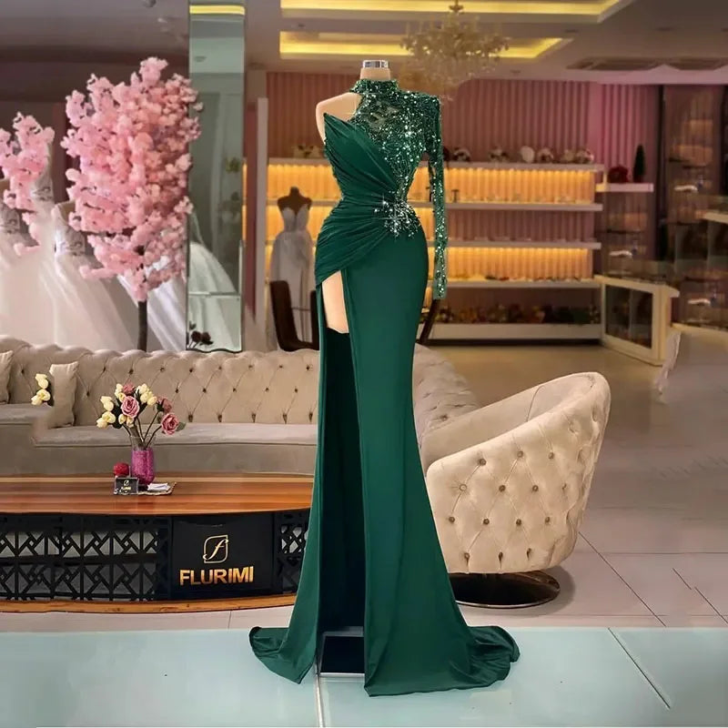 vmtvr  - Customized Women's Green High Waist Mermaid Long Sleeve Velvet Satin Sequins Arab Dubai Evening Dress Attends Party Ball