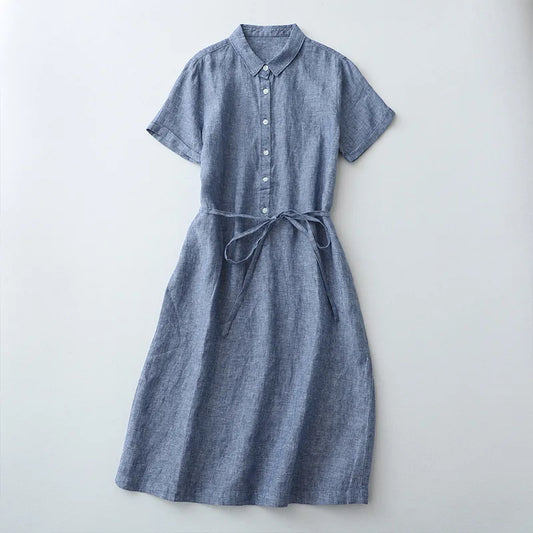 vmtvr  -  Linen Dress with Shirt Neckline - Women's Spring/Summer Basic Tee - Comfortable Cotton-Linen Blend, Essential Dress Style