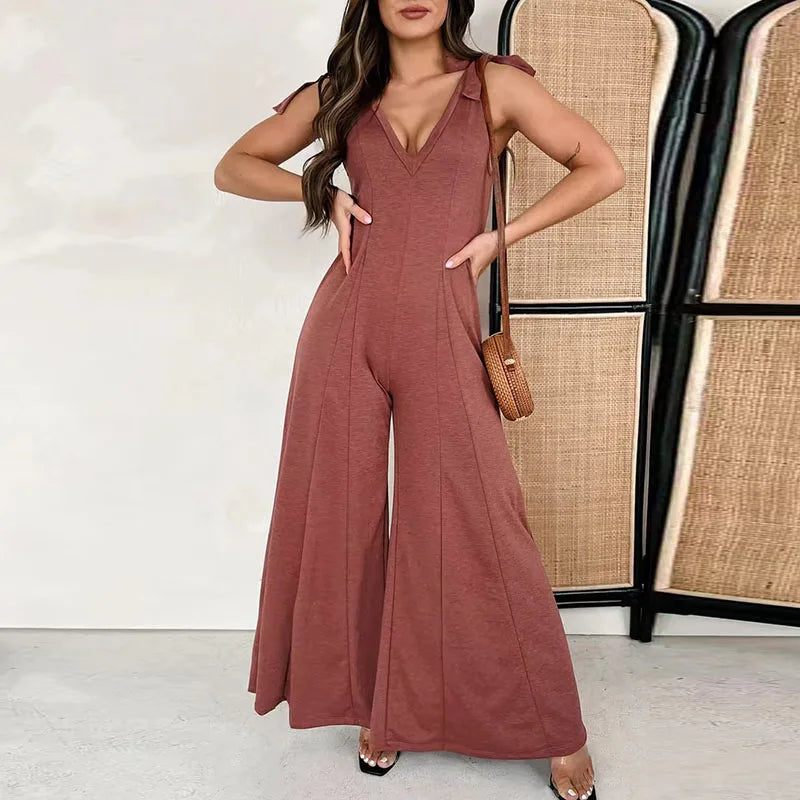 vmtvr Women Vintage Solid Holiday Jumpsuits 2024 Spring Sexy Deep V-neck Hollow Playsuit Romper Summer Sleeveless Tank Office Overalls