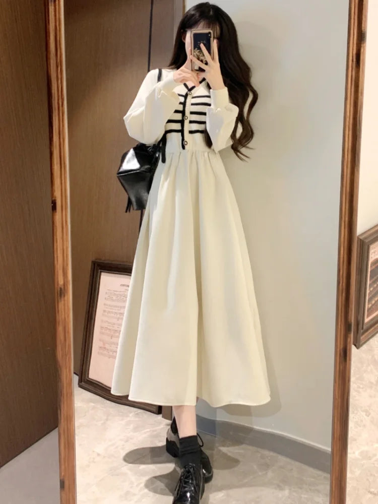 vmtvr  -  Autumn and Winter Korean New Version of the Fashion V-neck Large Size Midi Fake Two-piece Knitted Splicing Loose Skinny Dresses