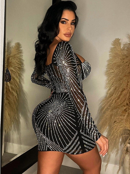 Luxury Geometric Black Rhinestone Short Party Dresses Robe Femme Women Elegant Sequin Bodycon Night Dress Sexy Clubwear