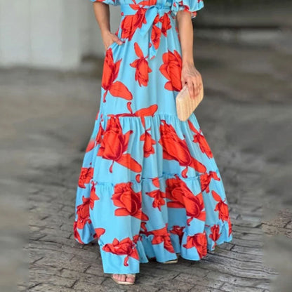 Women Maxi Dress Summer Fashion Print Short Puff Sleeve One Shoulder Lace Up Slim Nipped Waist Holiday Long Dresses