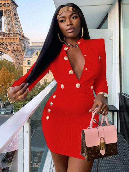 New Winter Style Sexy Long Sleeve Key Hole Button Pink Mini Women Bodycon Bandage Dress 2023 Elegant Evening Club Party Dress