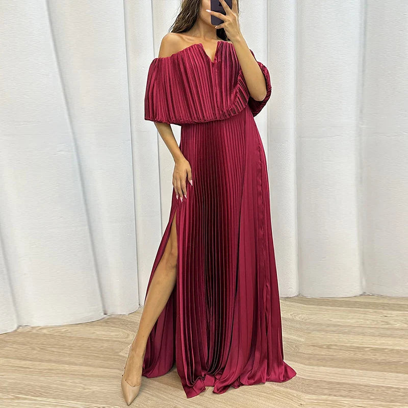 vmtvr Spring Strapless Folds Pleated Long Maxi Dress Women Off Shoulder High Waist Split Party Dress Summer Backless Hollow Boho Dress