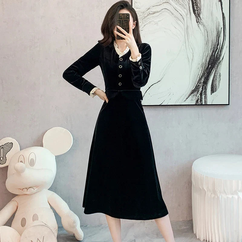 vmtvr  -  Black Velvet Chic Lace V-Neck Evening Dress for Women Autumn Winter Korean Vintage Hepburn Dress Fashion Elegant Prom Dress