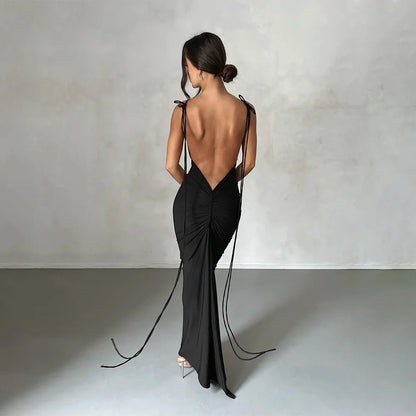 Spaghetti Strap Sexy Backless Maxi Dress Outfits Women Elegant Birthday Vestido Summer Club Party Ruched Dresses