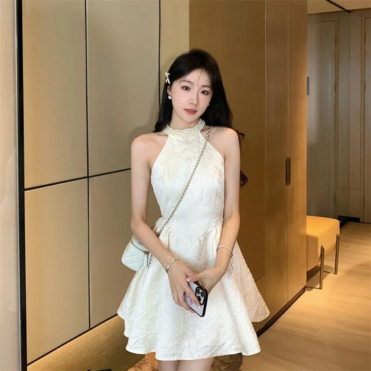 vmtvr Summer Pearl Halter Collar Dress Women Elegant Sleeveless New Sexy A Line Jacquard Mini Dress White Birthday Party Vestidos