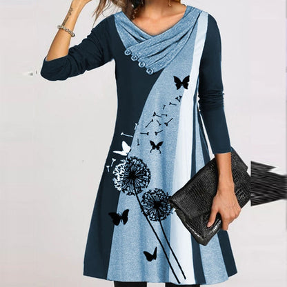 vmtvr - Fashion Long Sleeve V Neck Midi Dress Autumn Ladies Button Splicing Loose Dress New Vintage Geometric Puzzle Print A-line Dress