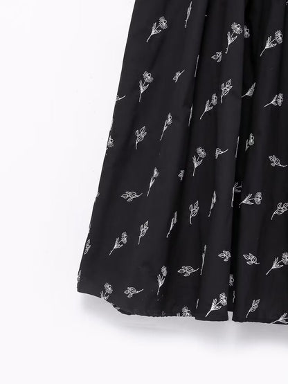 New Fashion Women Floral Embroidery Black Midi Dress Vintage Puff Sleeve O Neck Female Dress