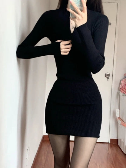 vmtvr - Black Bodycon Knitted Dress Women Sexy Wrap Slim Short Dresses Autumn Fall Solid Outfits Robes Femlae