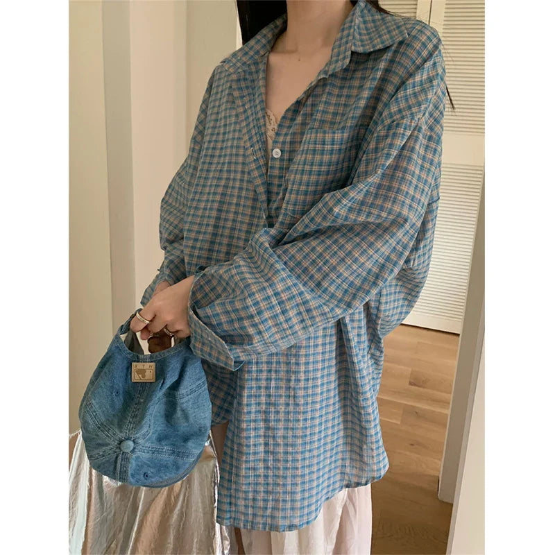 vmtvr Harajuku Plaid Sun Proof Shirts Women Streetwear Oversized Long Sleeve Blouses Summer Korean Fashion Loose Sun Protection Tops