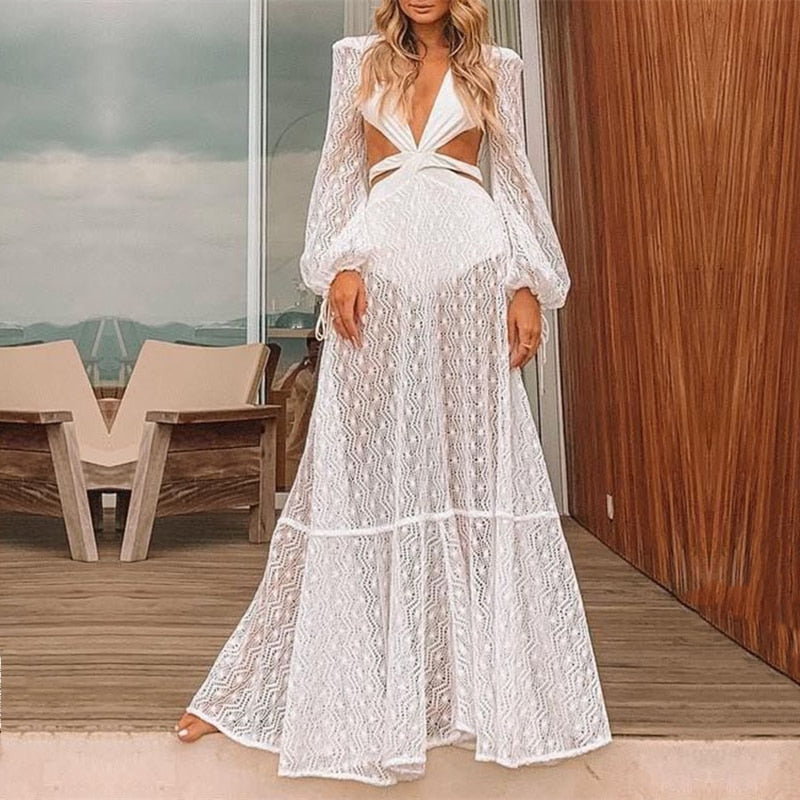 vmtvr Sexy V-Neck Backless Hollow Out Dress  Summer Women Lantern Sleeve Club Party Long Maxi Dresses Tunic Beach Cover Up A916