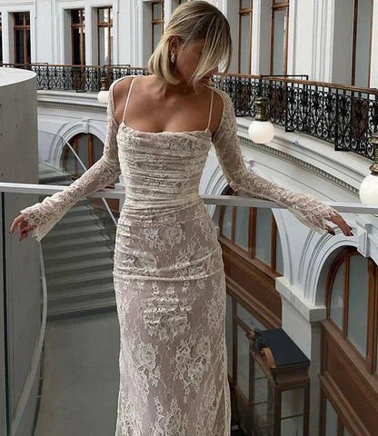 vmtvr Elegant Vintage Hollow Out Lace Maxi Dress Long Sleeve Cape 2 Piece Set Birthday Outfits Gown Slip Dresses Bandage