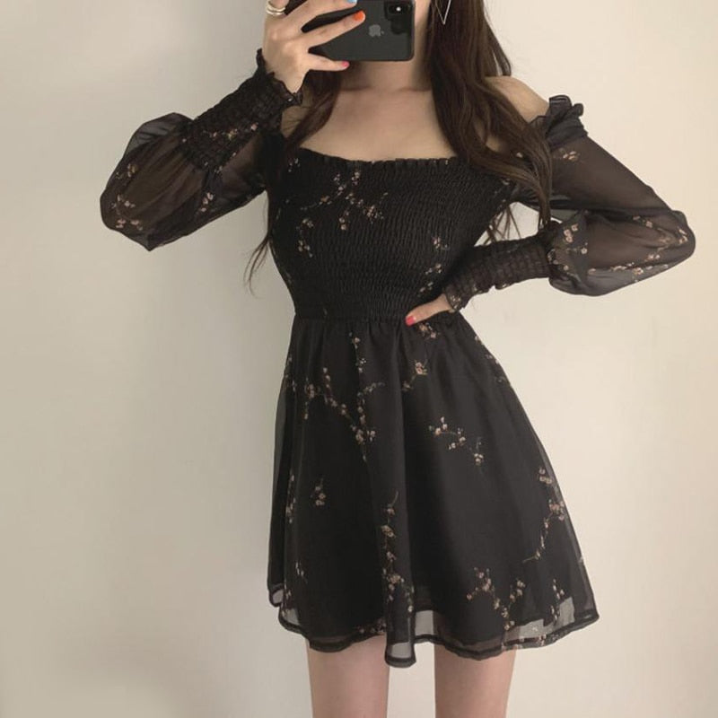 vmtvr - Korean Vintage Flower Black Dress Women Long Puff Sleeve Chiffon Spring Dresses Casual Mini Dress Vestidos Mujer Clothes