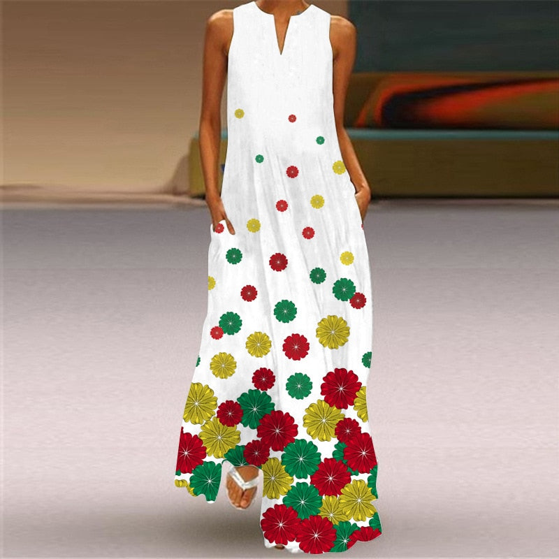 vmtvr - 3D Floral Printed Women Dress Summer Vintage V-neck Sleeveless Loose Maxi Dress Elegant Casual Ladies Party Dresses Vestidos