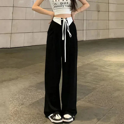 vmtvr Streetwear Women Suit Pants Summer Patchwork Black Loose Wide Leg Pants Y2K Fashion Female High Waist Bandage Trousers New