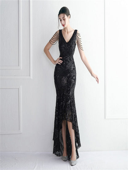 vmtvr - Elegant Women Beading Sleeve Long Prom Mermaid Dress Sexy Deep V Neck Sequin Evening Party Maxi Dress