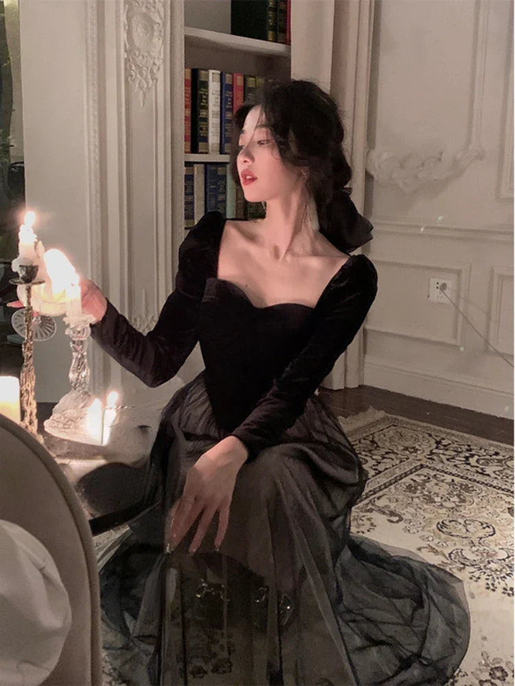 2024 Spring Elegant Velvet Long Sleeve Midi Dress Woman Slim Vintage Evening Party Dress Female Casual Korean Fashion Dress Chic