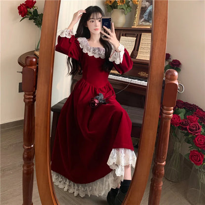 vmtvr  -  Christmas Dress Vintage Lace Splicing Gold Velvet Red Long Dress Elegant Thin Evening Dress Chic and Simple Autumn New