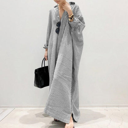 vmtvr -  Single Breasted Loose Maxi Dress Stripe Button Down Oversized Dress Long Sleeve Casual Blouse Dresses 5XL Plus Size Dress