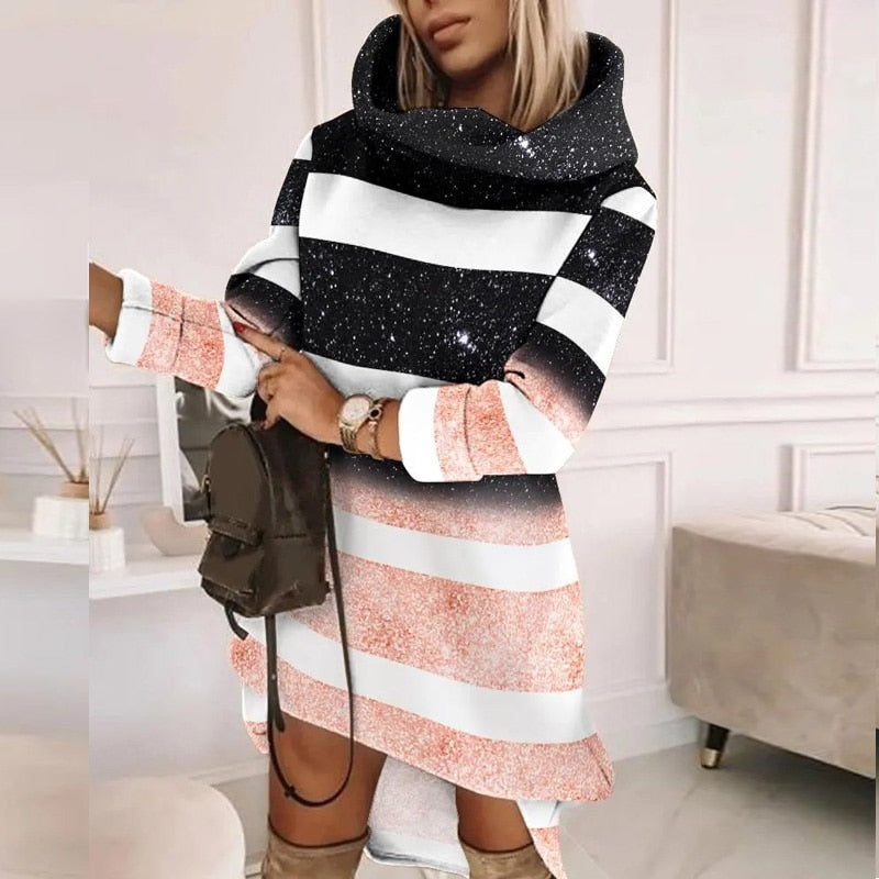 New Fall Loose Hooded Pullover Dress Elegant Pattern Print Pocket Long Sleeve Hem Mini Dress Women Casual Solid Sweatshirt Dress