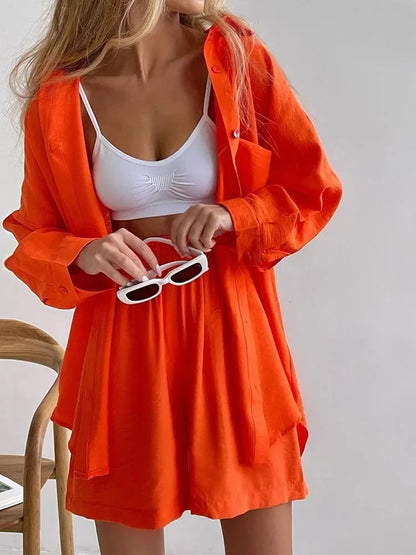 vmtvr Summer Women's Suit Shirt and Short Sets Solid Color Casual Cotton and Linen Blouse and Shorts Two Piece Sets Women Outfit 2024