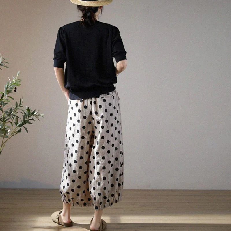 vmtvr Cotton Linen Wide Leg Pants Women Dot Print Bloomers Pants Summer Japanese Oversized Loose Casual Ankle-Length Trousers