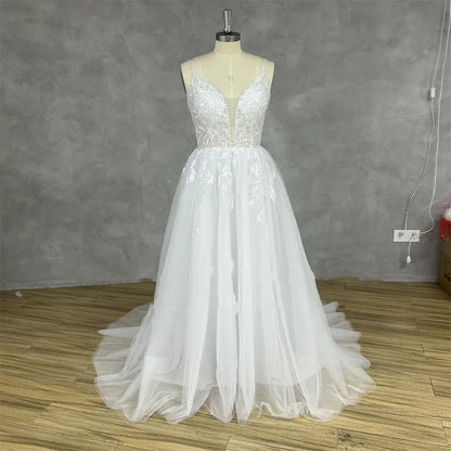 vmtvr - BEACH Spaghetti Strap Deep V Neck Wedding Dress For Bride Lace Appliques Sparkly Tulle Backless Gorgeous Bridal Gowns