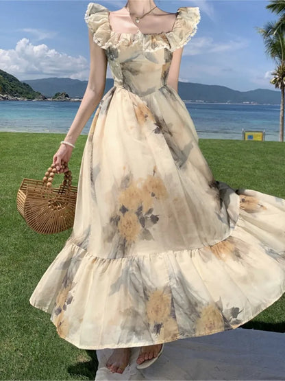 vmtvr New Summer Elegant Dresses for Women Ruffles Floral Print Sleeveless A-line Party Dress Casual Robe One Piece Vestidos