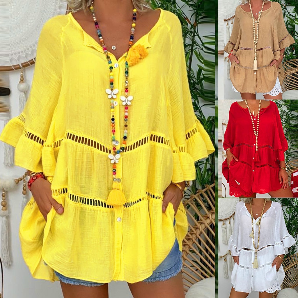 Yellow Summer Fall Cotton Linen Dresses for Women 3/4 Sleeve V-neck Loose Button Up Dress Hollow Large Size Shirt Dress Maxi