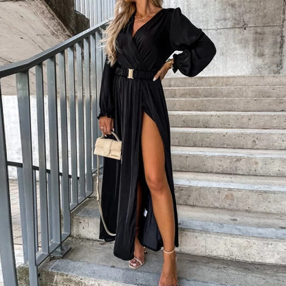 Sexy Wrap V-Neck Waist Maxi Beach Dress New Solid Pleated Slit Cocktail Party Dress Long Sleeve Lace Up Slim Women Elegant Dress