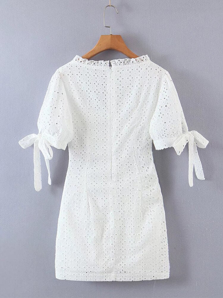 Sexy Women White Lace Embroidery Hollow Out Dress Short Sleeve Fashion Ladies Bodycon Mini Robe